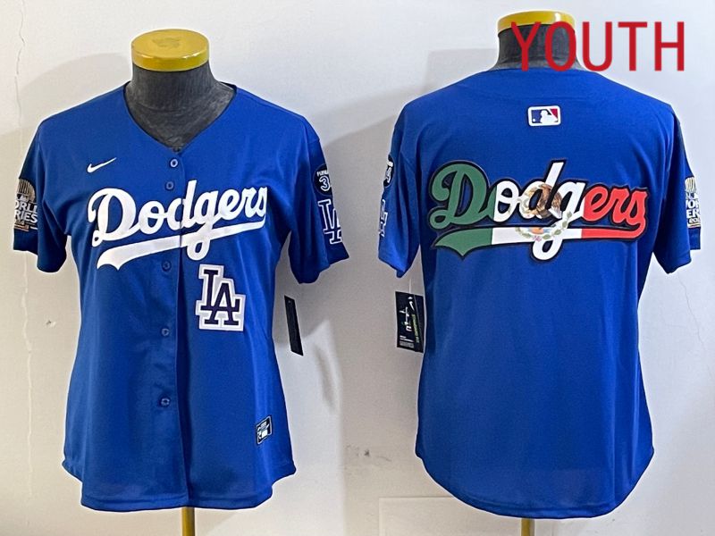 Youth  Los Angeles Dodgers blank 2024 World series patch blue jersey 202411239->youth mlb jersey->Youth Jersey